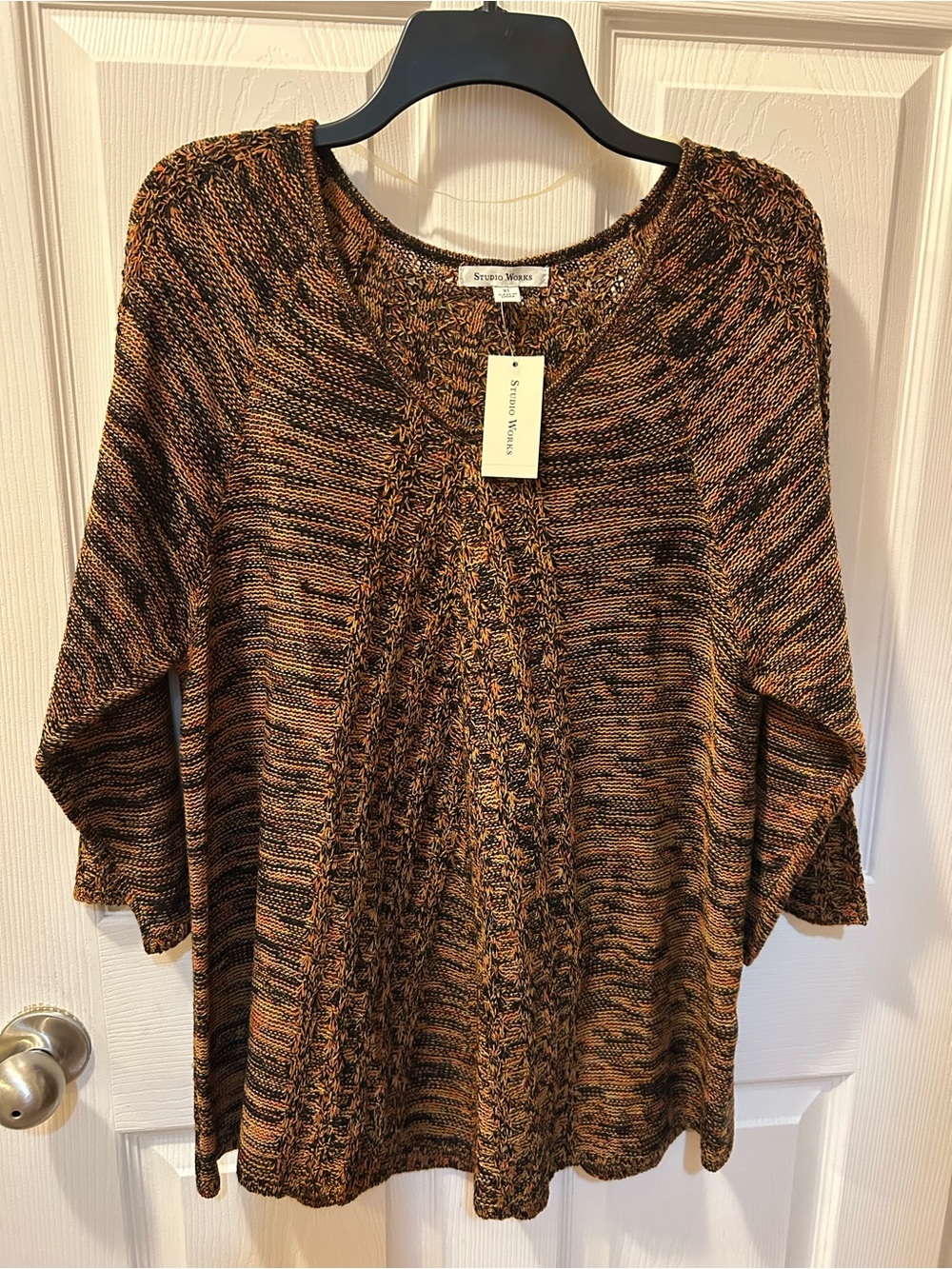 Studio Works XL Knit Pullover Sweater Black & Orange 3/4 Sleeves NWT